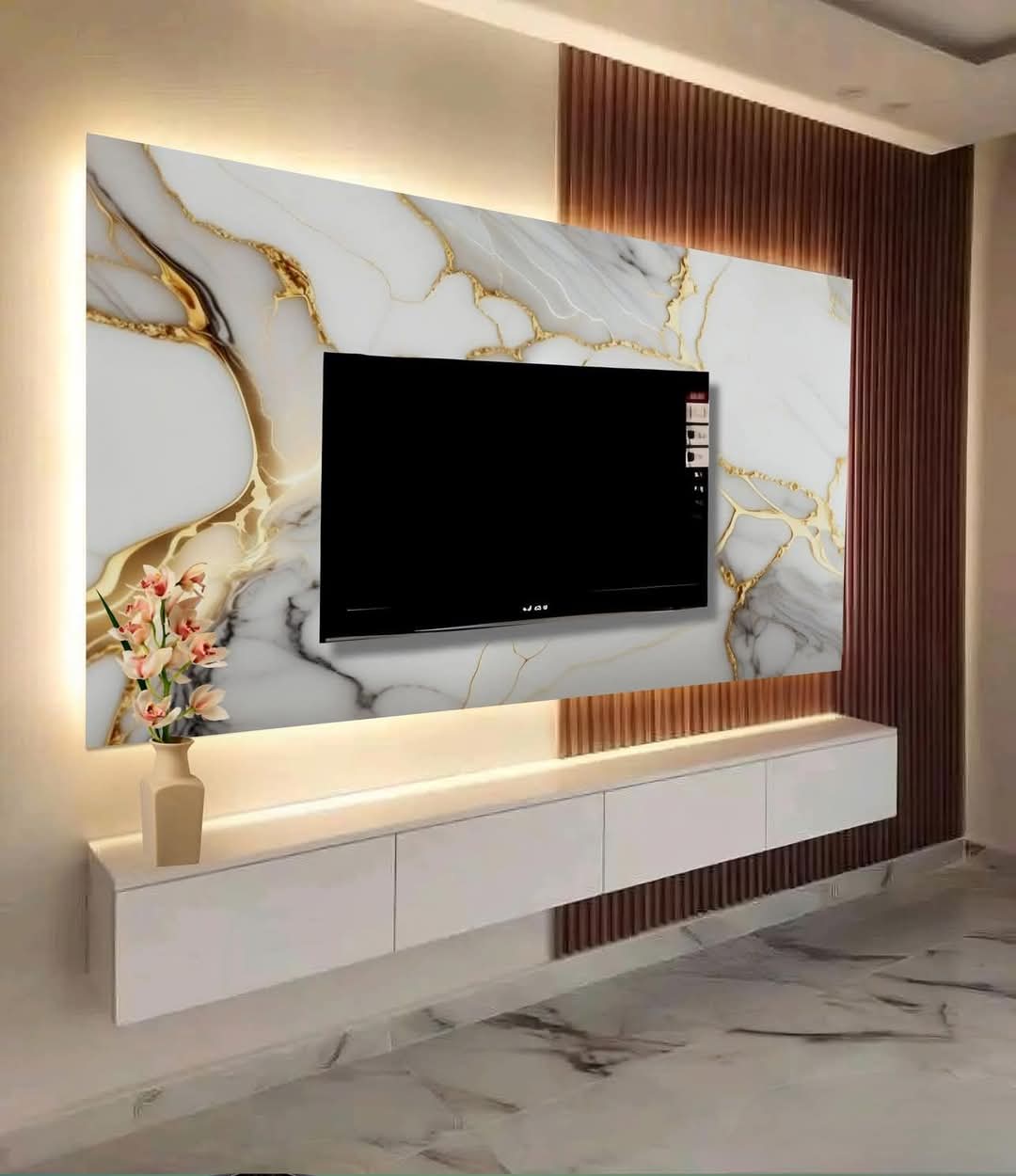 डिजाइनर मीडिया वाल विथ कंसील्ड लाइट्स | ECIRA Modern Controls